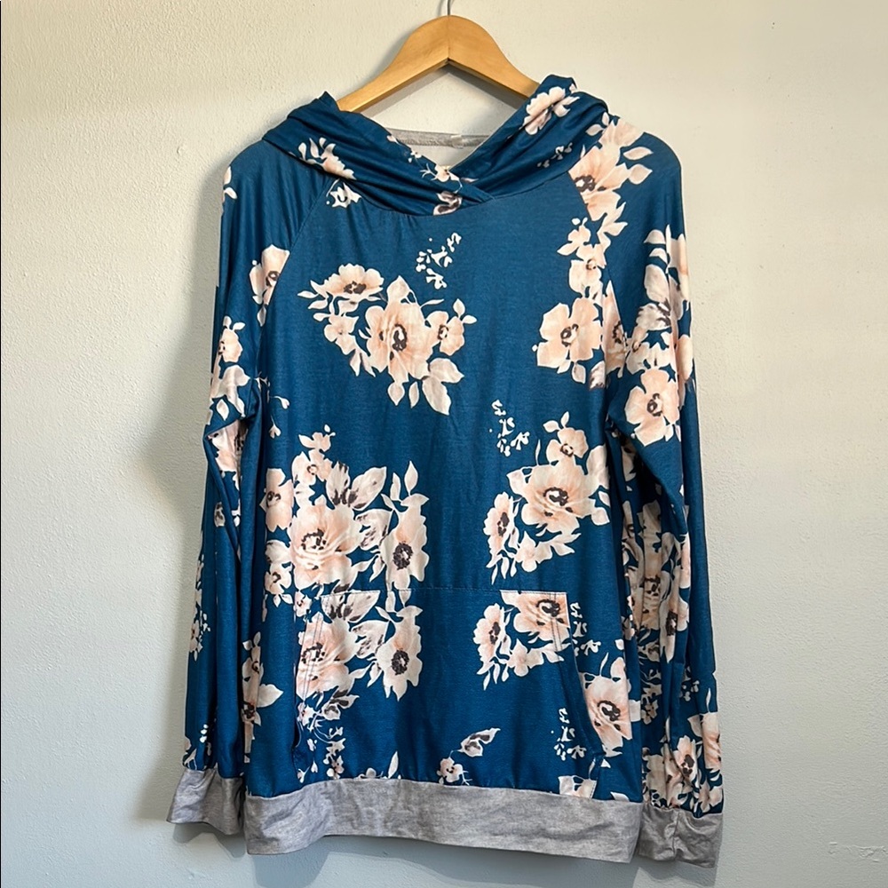 Floral Teal Hoodie with Gray Trim